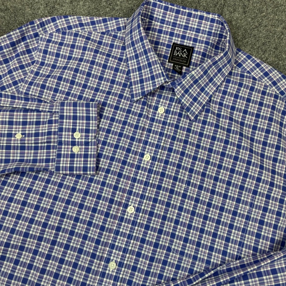 Jos. A. Bank Traveler Slim Shirt Mens Size 2XL XXL Plaid Long Sleeve Cotton